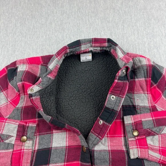 Carhartt‎ Flannel Shirt Girls Large 14 Pink Black Plaid Sherpa Lined Snap Button - Picture 5 of 10